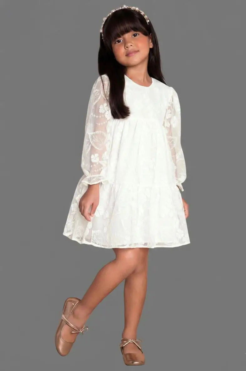 VESTIDO EM RENDA FLORAL COM MANGA LONGA COR: OFF WHITE